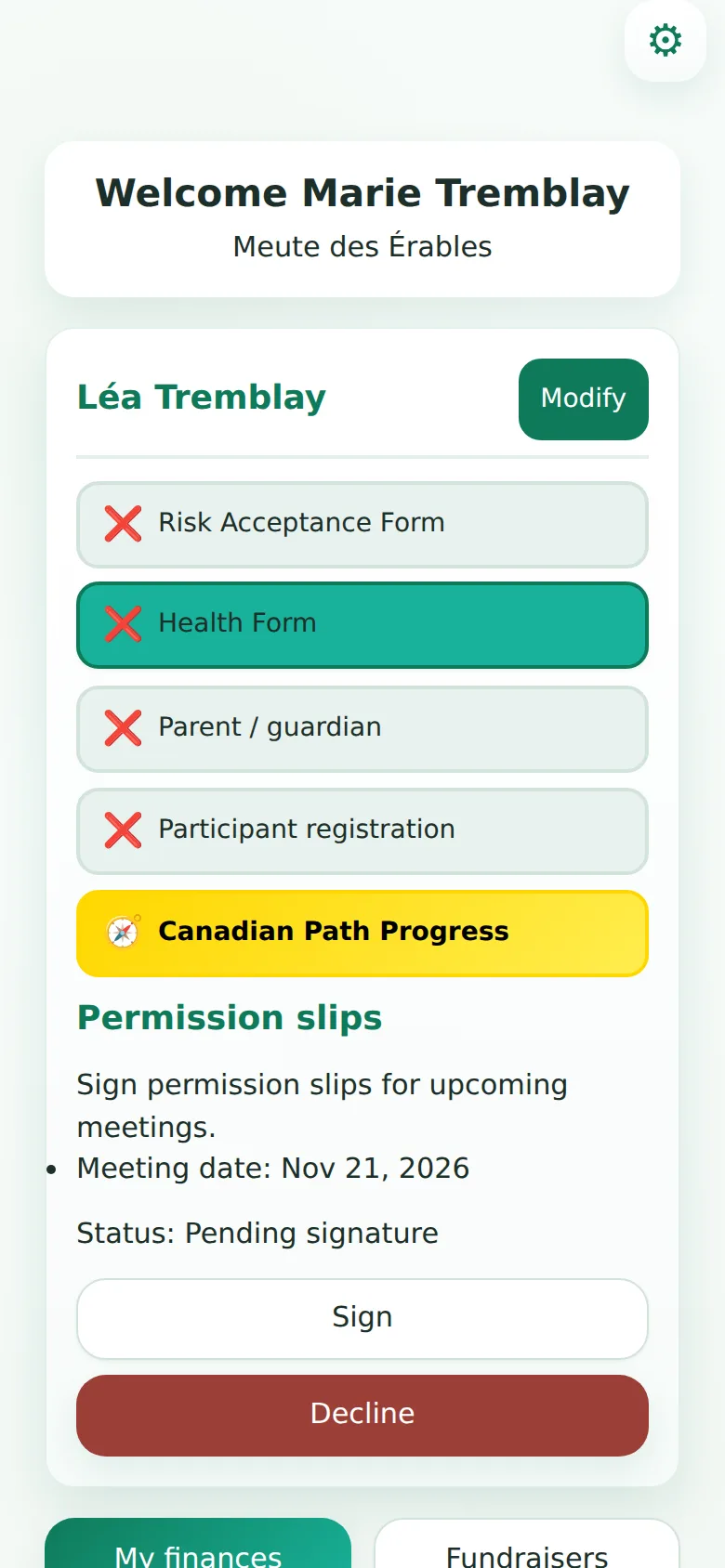 Parent portal: finances, fundraisers, progress, carpooling and the child's forms, all in one place.