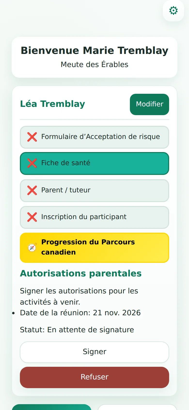 Portail parent : finances, collectes de fonds, progression, covoiturage et formulaires de l'enfant, au même endroit.