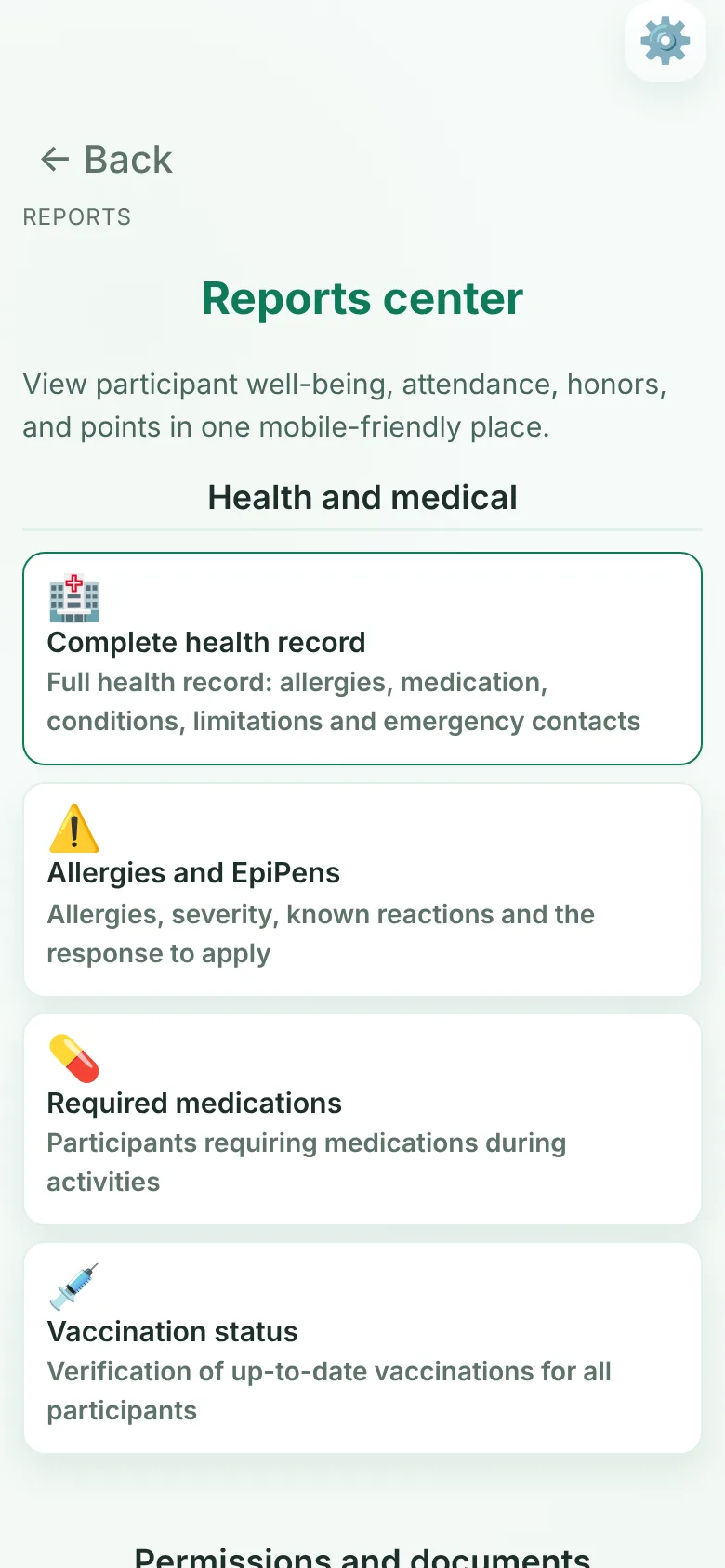 Reports center on a phone: complete health record, allergies and EpiPens, required medications and vaccination status, each with what it lists.