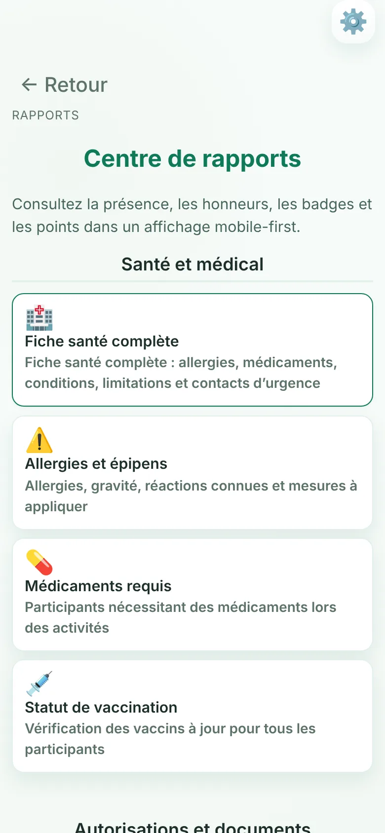 Centre de rapports sur téléphone : fiche santé complète, allergies et épipens, médicaments requis et statut de vaccination, chacun avec ce qu'il contient.